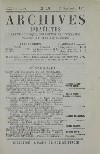 Archives israélites de France. Vol.37 N°18 (15 sept. 1876)